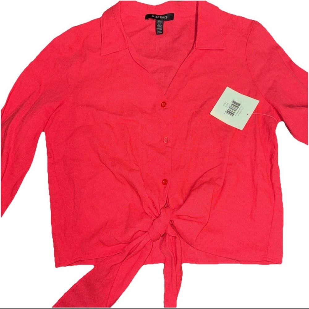 Ellen Tracy‎ Tie Front Button Down Shirt Top Long Sleeve Collared Coral Beachy